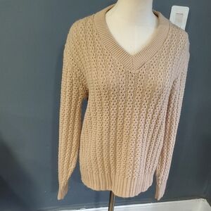 Vtg Cozy V-Neck Cable Knit Sweater in Beige Brown